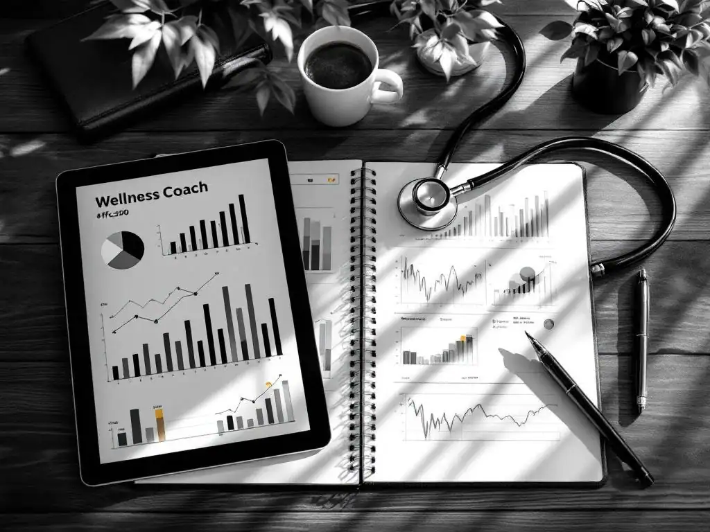Wellness coach bureau van bovenaf met open notitieboek, tablet met gezondheidsmetrics, stethoscoop en koffiekop