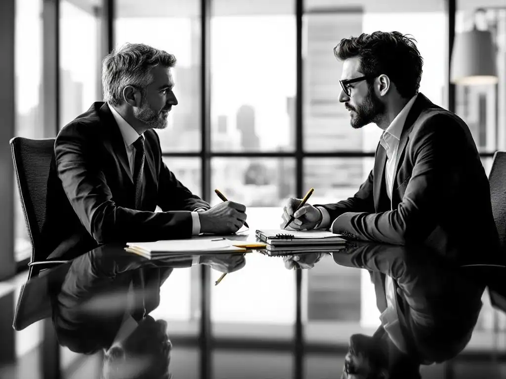 Bedrijfscoach in gesprek met directeur aan conferentietafel, gele pen en notitieblok, moderne kantooromgeving