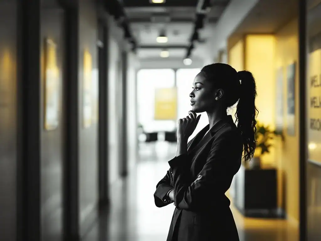 Professionele vrouw in pak overweegt keuze tussen traditionele werkruimte en wellness-kantoor in gang