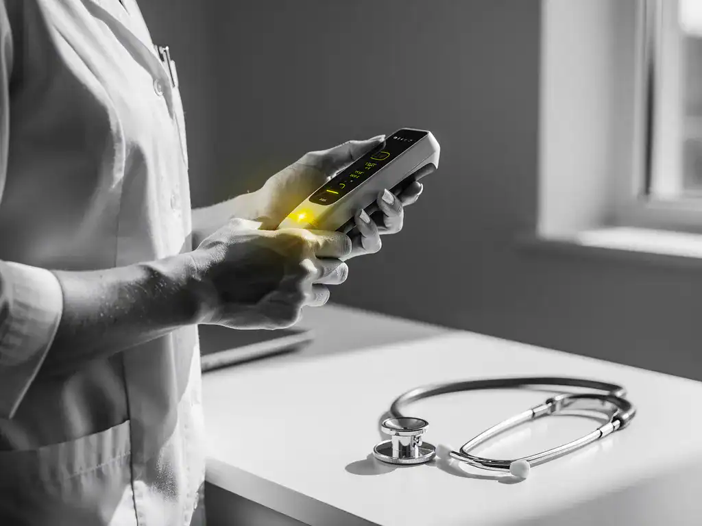 Zorgprofessional houdt biometrisch meetapparaat vast naast stethoscoop op wit bureau in klinische omgeving.