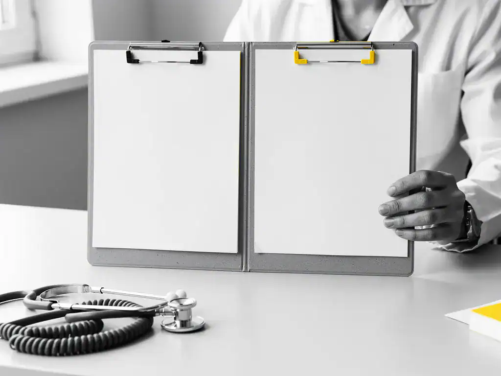 Medisch professional vergelijkt twee gezondheidsbeoordelingsklemborden op klinisch bureau, stethoscoop ernaast, zachte natuurlijke belichting.