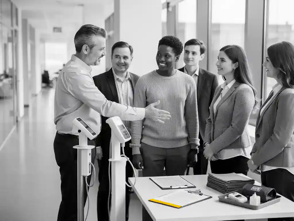 Diverse medewerkers bij een gezondheidsscreening op de werkvloer, collega's moedigen elkaar aan bij medische apparatuur in een lichte kantoorgang.