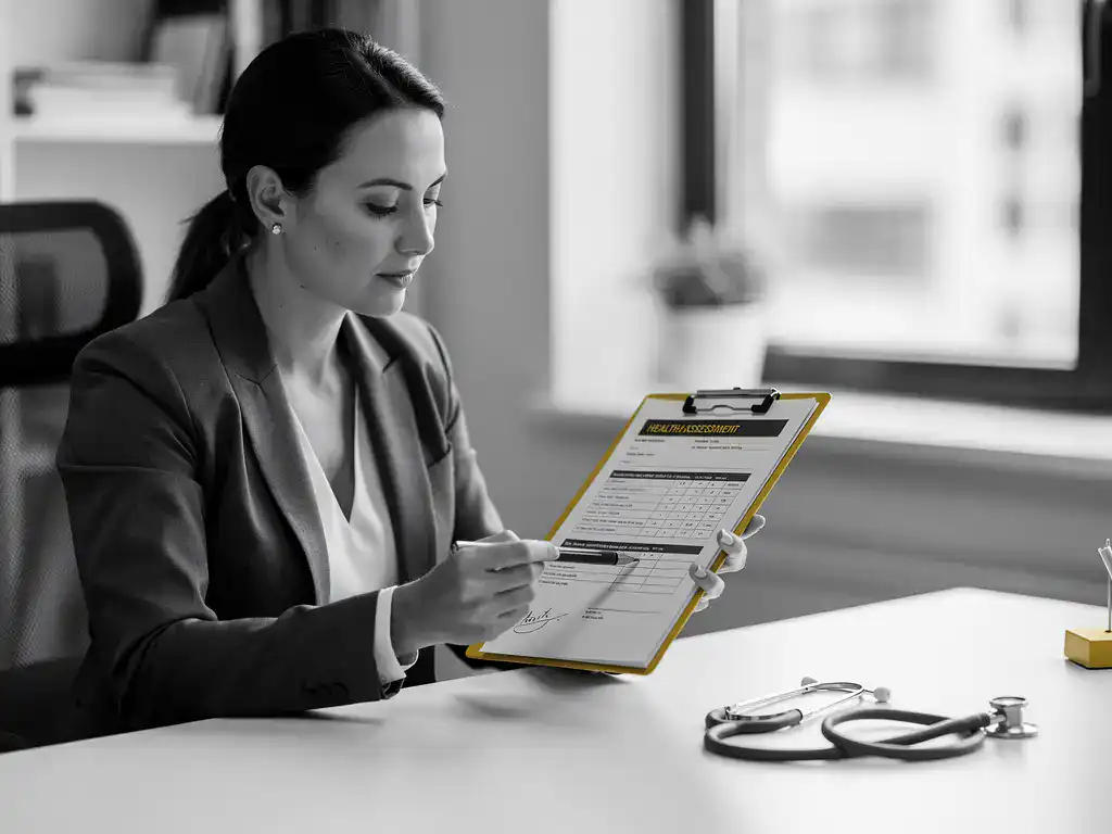 HR-manager bekijkt gezondheidsbeoordelingsdocumenten op klembord aan bureau, stethoscoop op de achtergrond.
