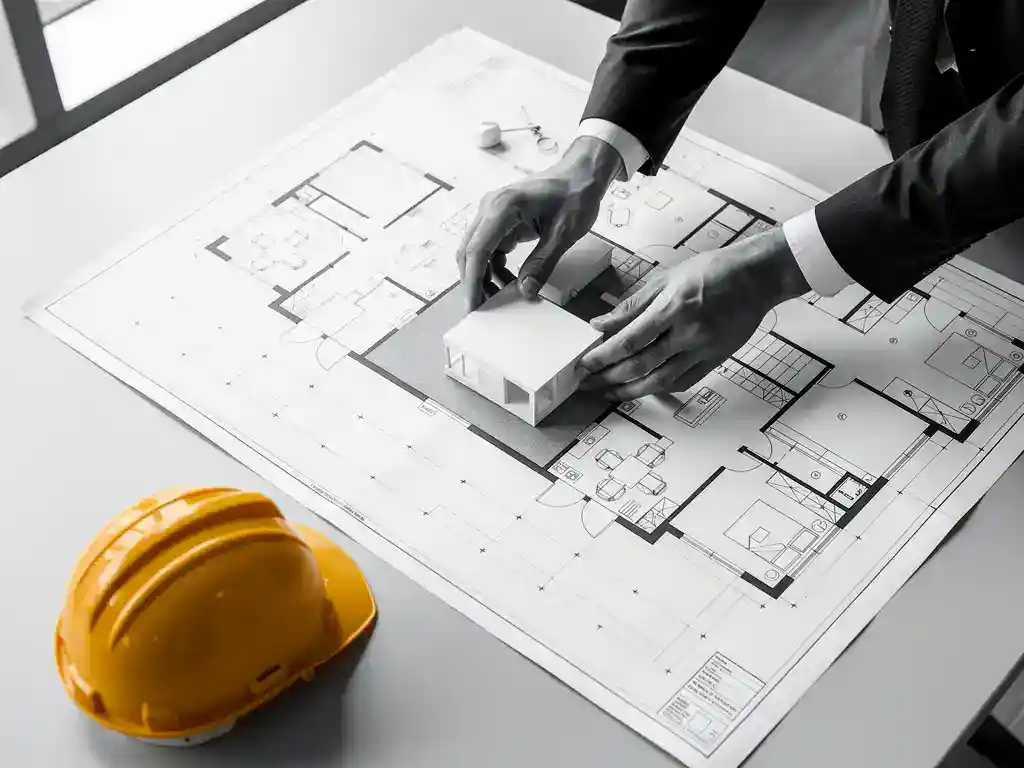 Projectmanager plaatst laatste stuk op een architectonisch kantoorplattegrond op vergadertafel, met gele bouwhelm in de hoek.