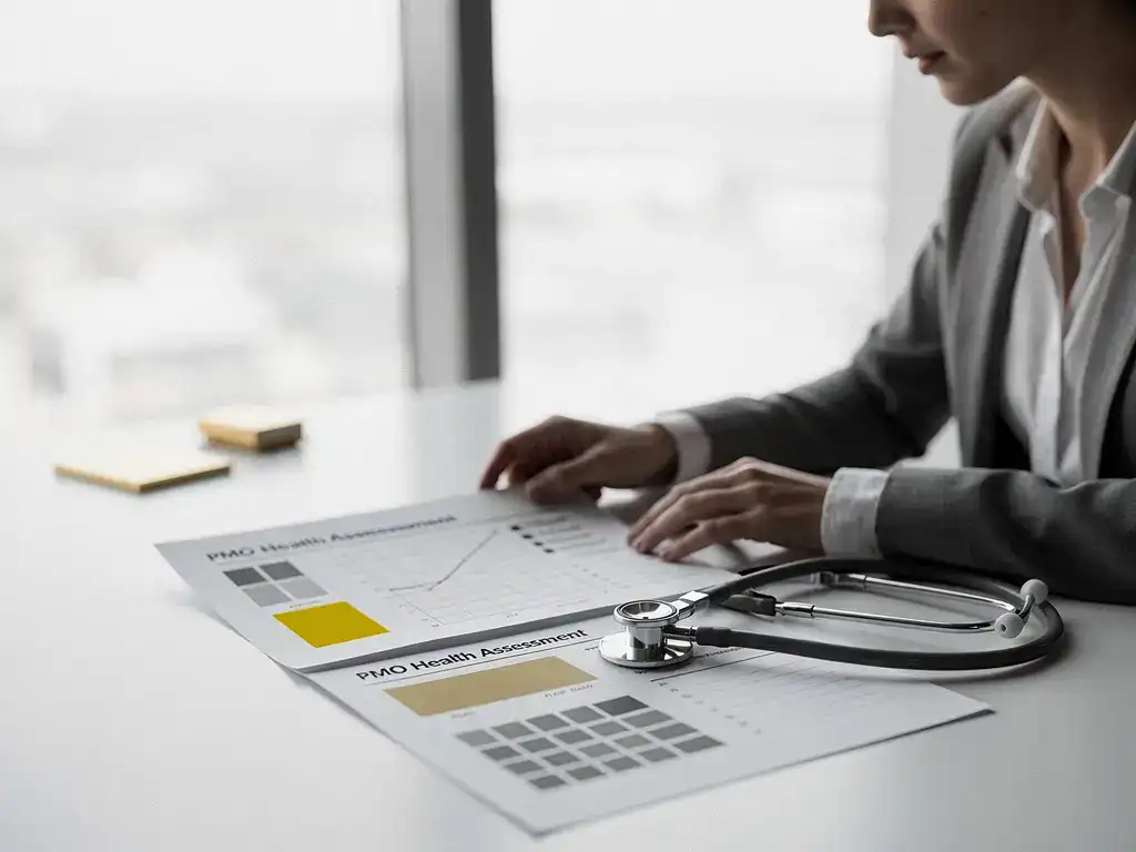 HR-professional bestudeert PMO-gezondheidsrapport aan bureau met stethoscoop, in zacht kantoorlicht.