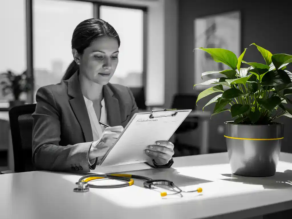 Wellness professional met medisch klembord op modern bureau, stethoscoop en groene plant symboliseren proactieve bedrijfsgezondheid.