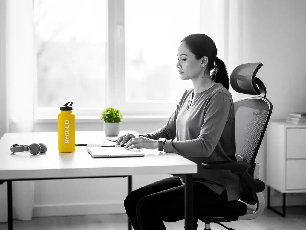 Professional aan modern bureau met gele waterfles en plant, omringd door notitieboek en ergonomische stoel in zacht ochtendlicht.