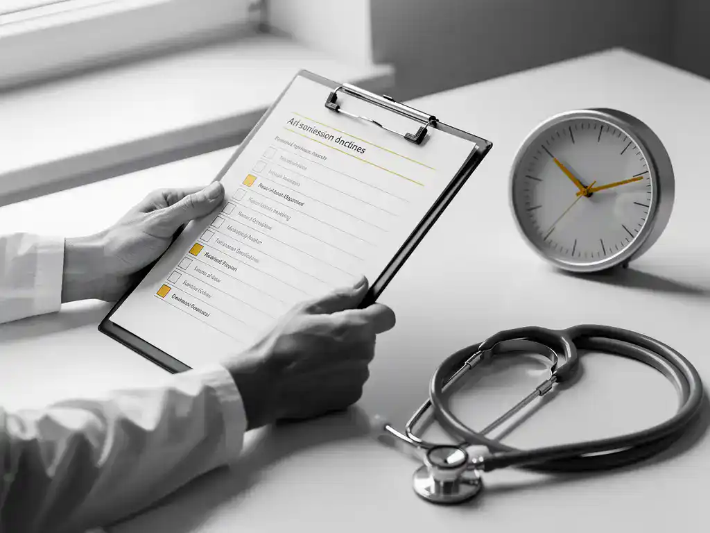 Zorgprofessional controleert medische checklist op klembord naast analoog horloge en stethoscoop op wit bureau.