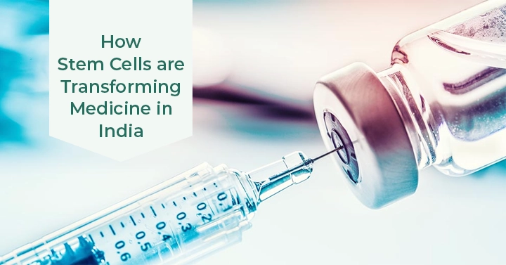 Stem cell collection from a sealed vial, with text "Stem Cells Transforming Medicine in India.