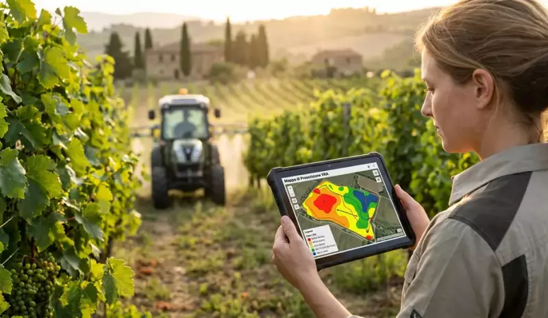 Vigneto con tecnologia agritech e drone per monitoraggio delle colture.