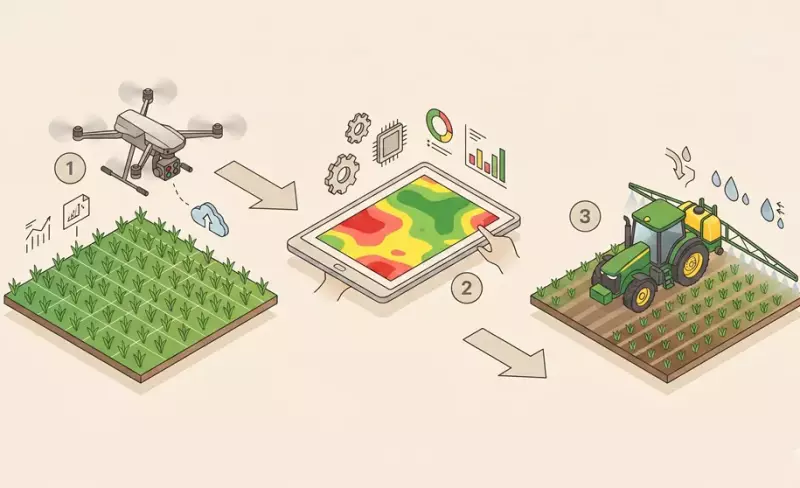 Drone e sensori per agricoltura di precisione con trattore e monitoraggio del campo.