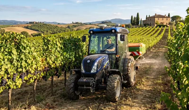 Trattore agricolo che lavora tra le vigne in un paesaggio toscano.