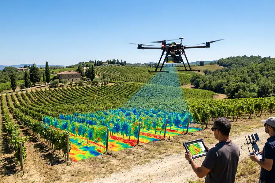 Drone agricoltura di precisione sopra vigneto con sensori termici.