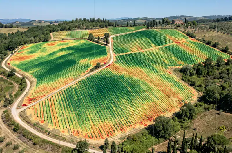 Vigneti toscani con colline e strade panoramiche.