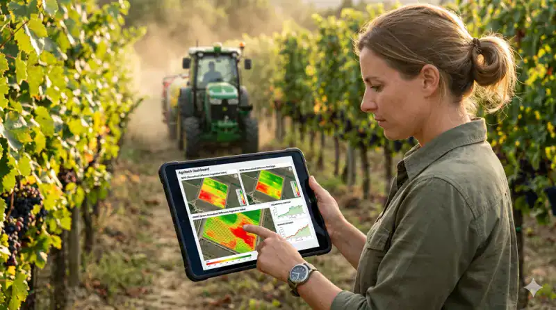 Vigneto con tecnologia agritech e monitoraggio digitale.