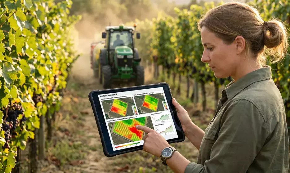 Vinha com tecnologia agritech e monitorização digital.
