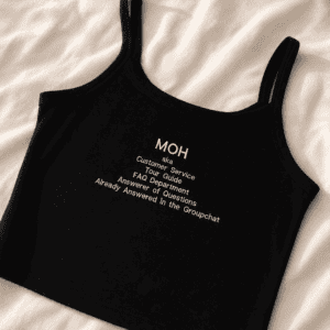Black tank top with "MOH" and customer service details embroidered in white.