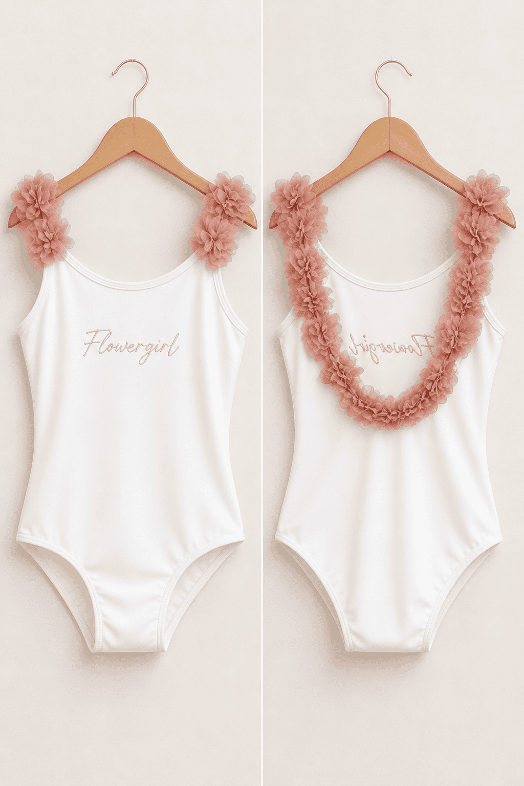 Baby girl flower-themed bodysuit with pink floral shoulder accents and matching floral necklace.
