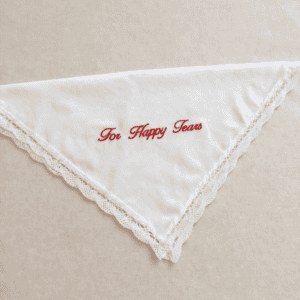 Embroidered handkerchief with "For Happy Tears" text, perfect for weddings and celebrations.
