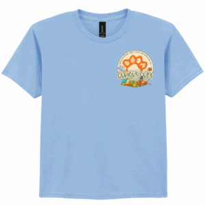 Light blue Curious Cubs embroidered T-shirt with logo for kids' apparel.