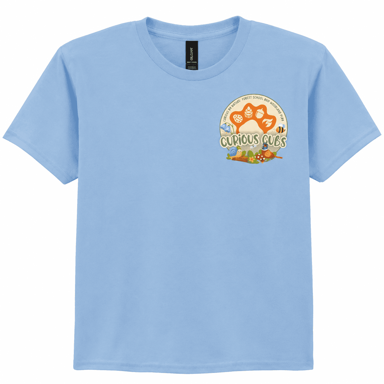 Light blue Curious Cubs embroidered T-shirt with logo for kids' apparel.