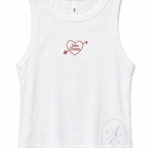 Embroidered tank top featuring a heart with "John Stones" and an arrow, ideal for custom sports or c.