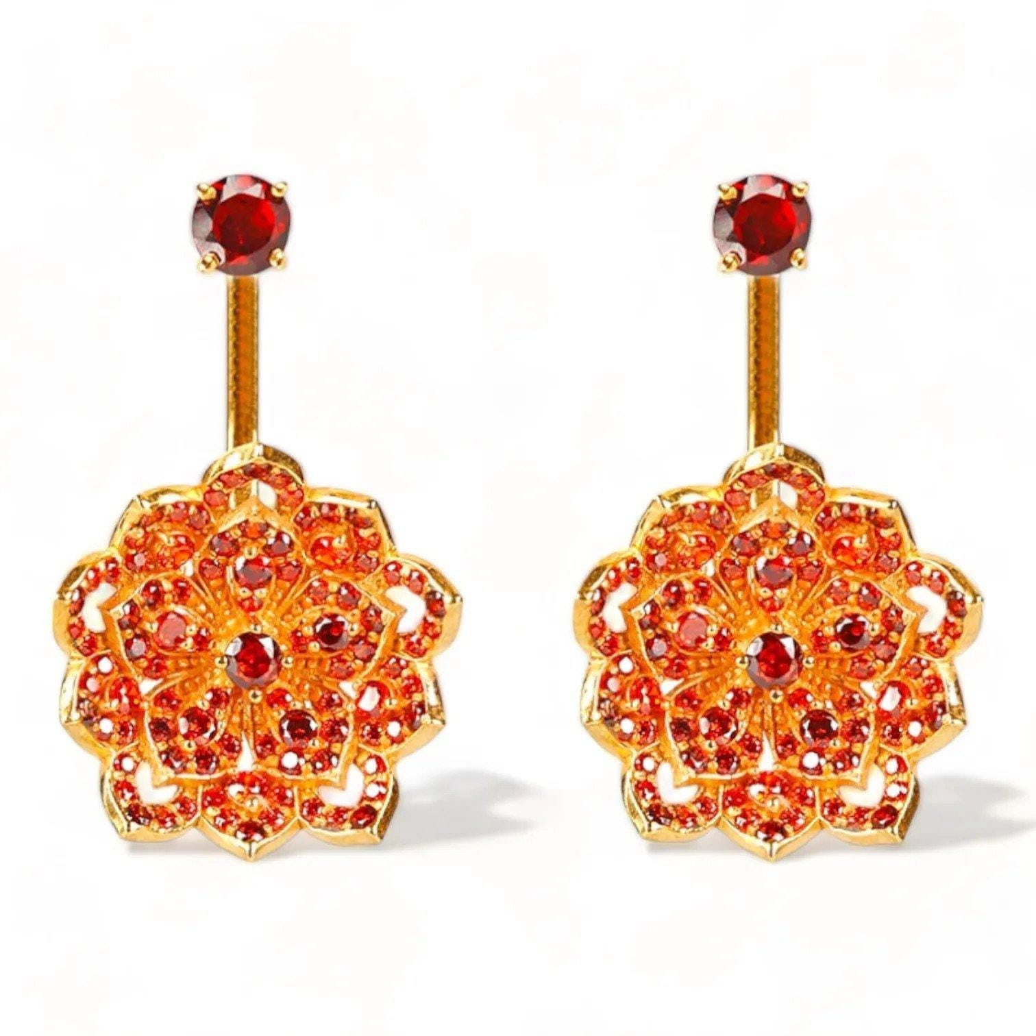 Σκουλαρίκια Statement LOTUS Red Garnet Yellow Gold και Red Garnet Stud