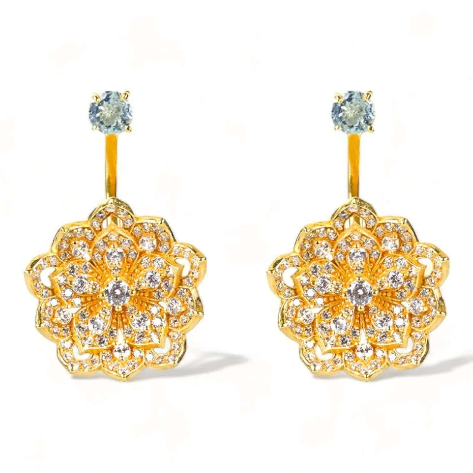 Σκουλαρίκια Statement LOTUS Classic Yellow Gold with Aquamarine Stud