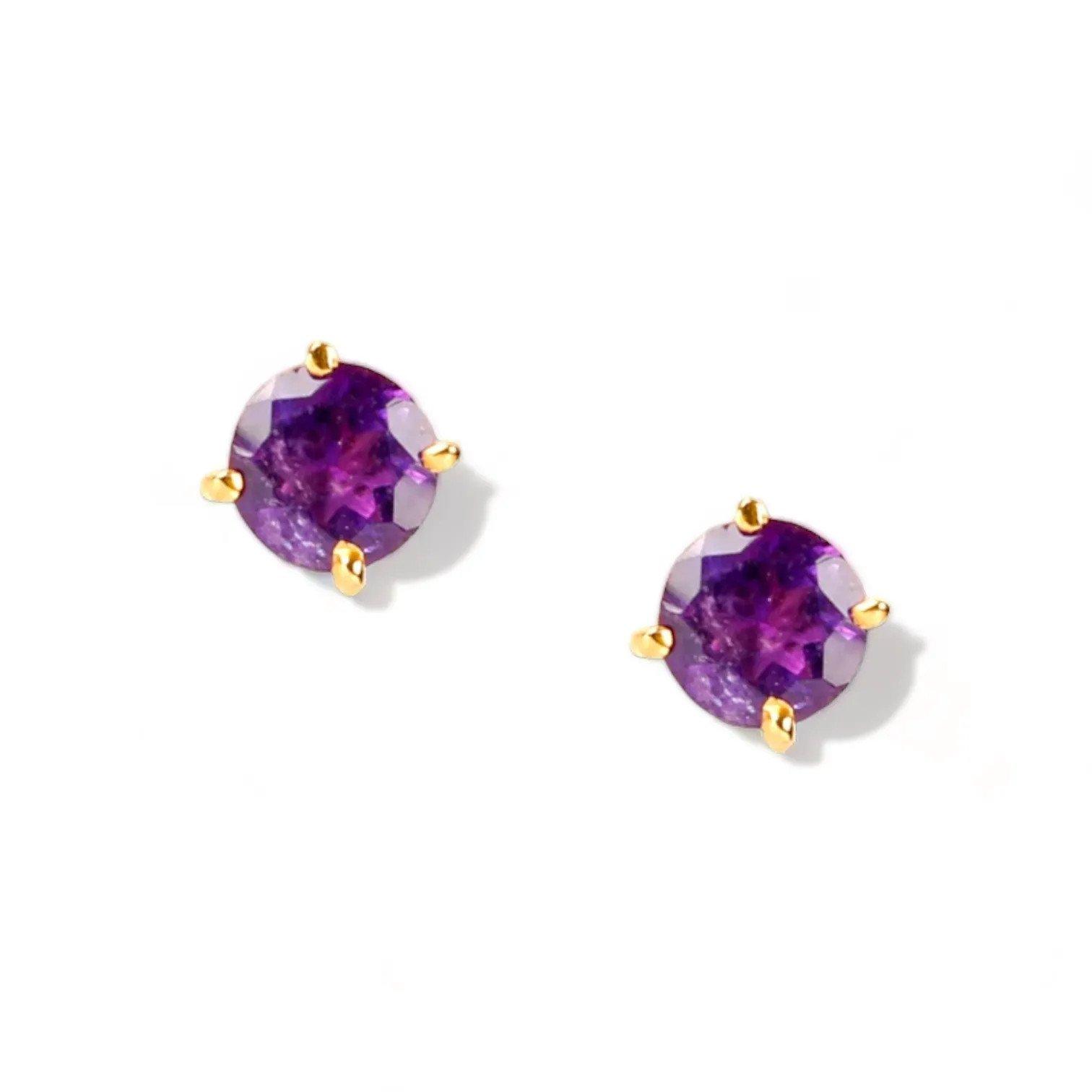 LILY Classic Yellow Gold Pair Earrings with Amethyst Stud - Εικόνα 2