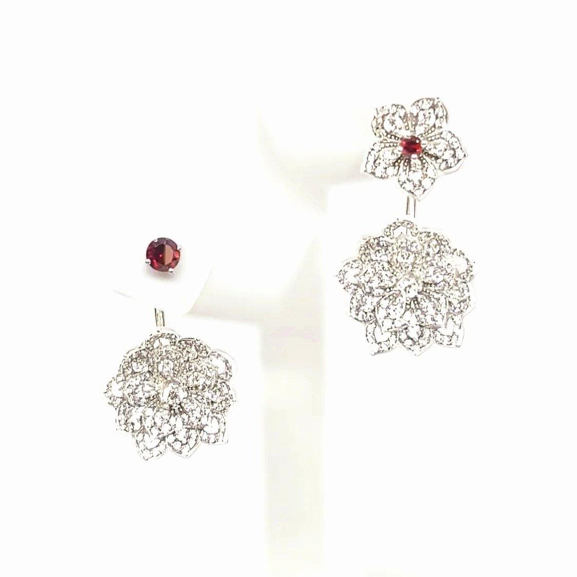 DAHLIA Classic White Gold Statement Earrings with Red Garnet Stud - Εικόνα 4