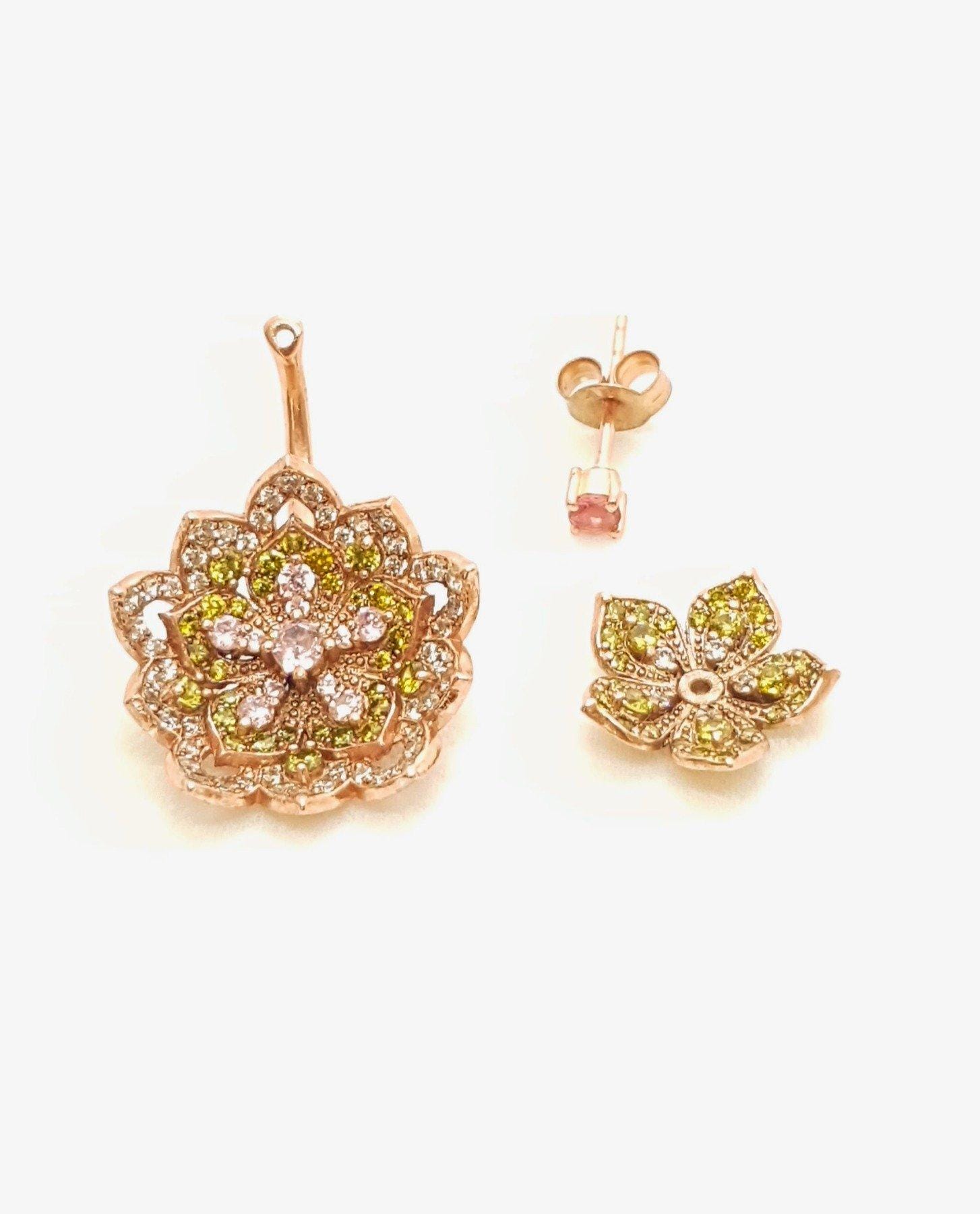 DAHLIA Peridot & Pink Tourmaline Rose Gold Statement Earrings with Peridot Stud - Εικόνα 3
