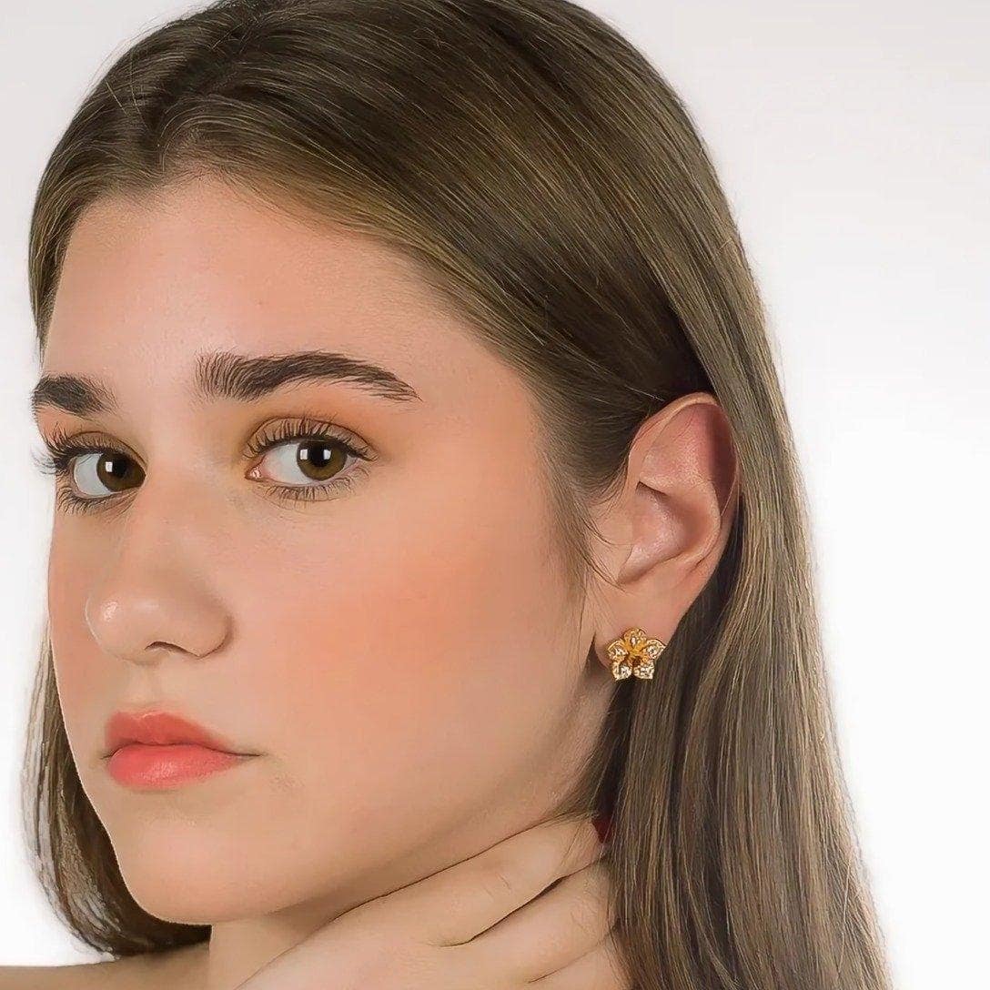 LILY Classic Yellow Gold Pair Earrings with Red Garnet Stud - Εικόνα 4