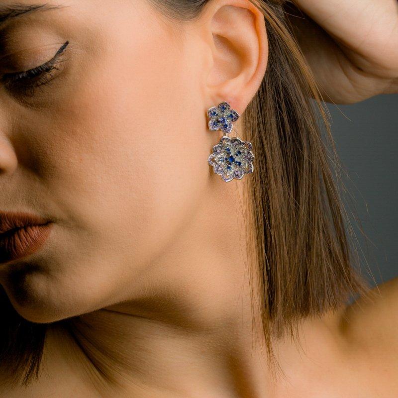 DAHLIA Amethyst & Tanzanite White Gold Statement Earrings with Amethyst Stud - Εικόνα 4