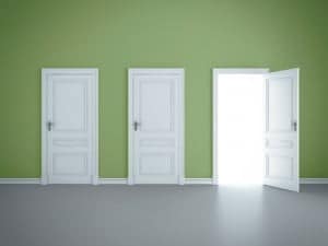 Three open doors in green room