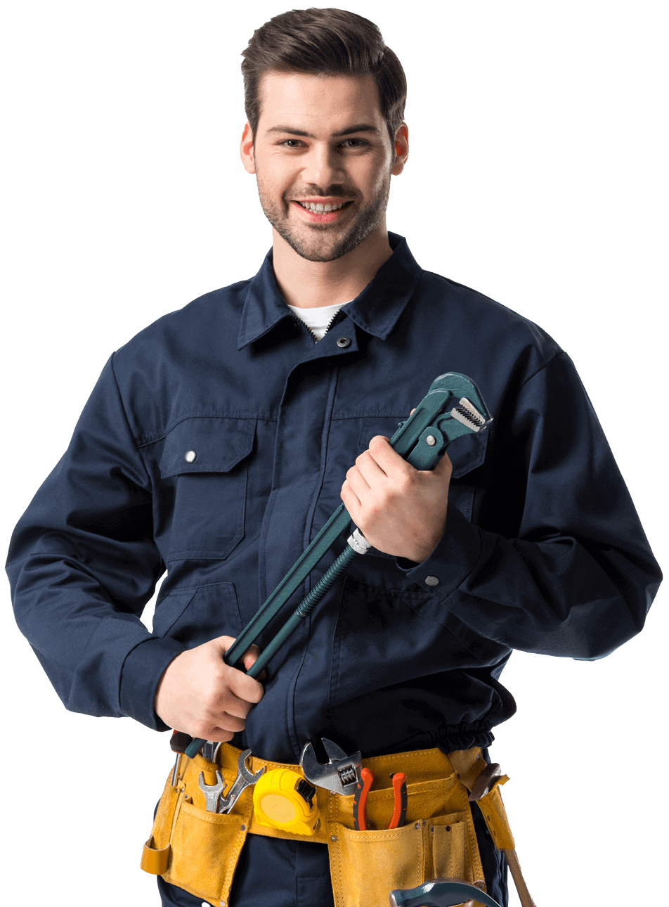 Confident handyman in uniform with tool belt