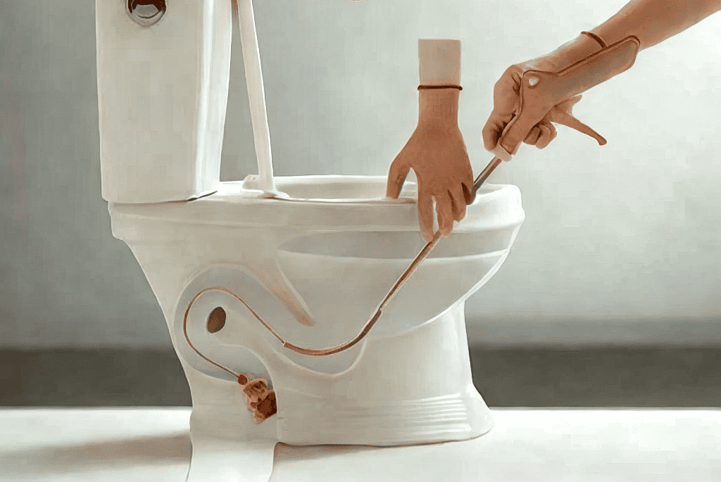 Toilet clog repair with auger tool