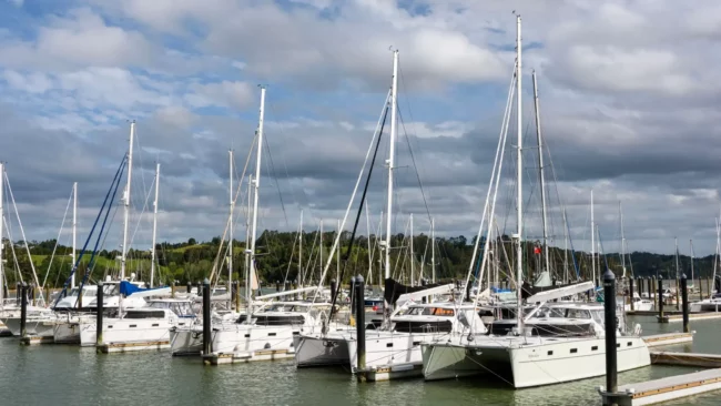 Modern luxury sailboats docked at a marina showcasing Antares Catamarans' craftsmanship and innovative design. Perfect for leisure and sailing adventures in scenic marine settings.