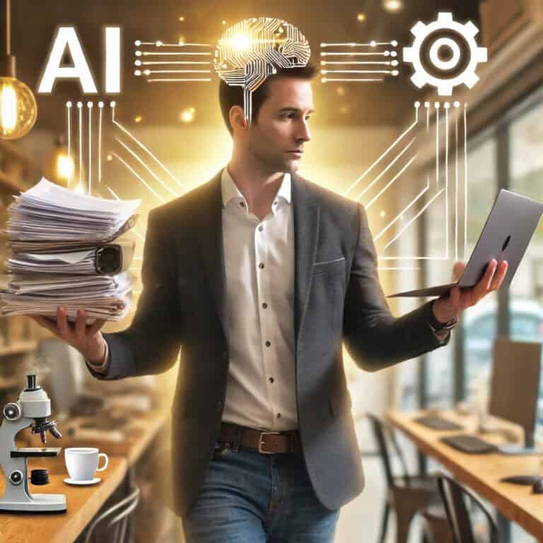 Small business owner balancing multiple tasks, holding a stack of papers, phone, and laptop, with AI symbol hovering over his left hand and Automation symbol over his right hand, representing the challenge of choosing between artificial intelligence and automation in a busy office environment.