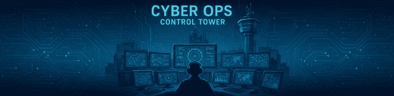 Futuristic cyber operations control room with multiple screens and a central figure monitoring cybersecurity systems.