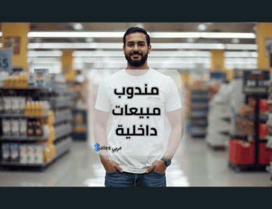 مندوب مبيعات داخلية يقف في منتصف سوق مركزي بممر طويل ومحاط بالمنتجات والسلع