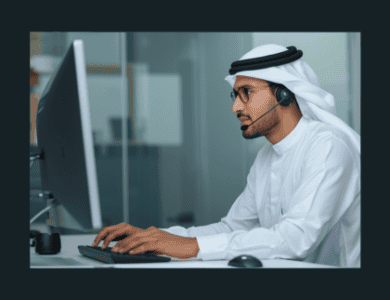 مندوب مبيعات اتصالات يتحدث عبر سماعة الرأس إلى العميل بينما يوجه نظره إلى شاشة الحاسوب