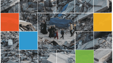 Collapse of buildings after Gaza conflict, with people inspecting the damage.