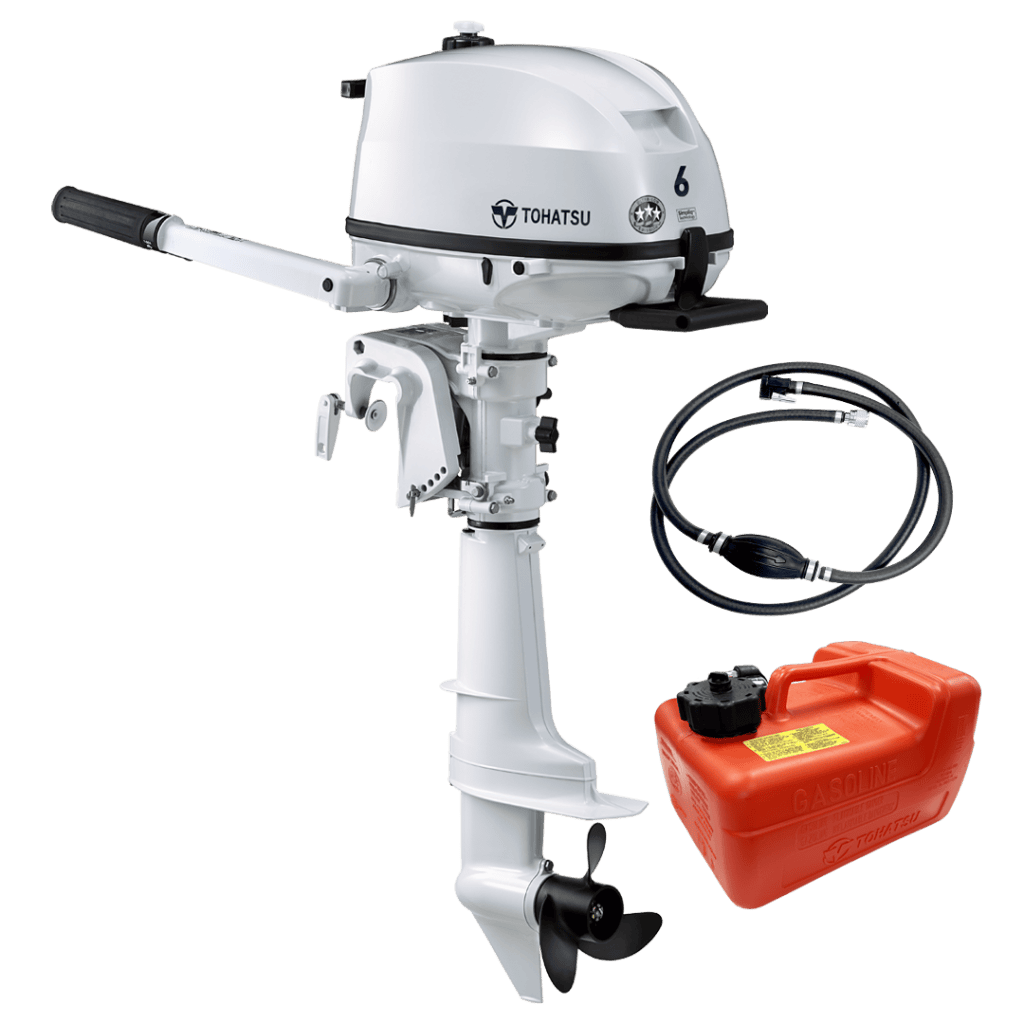 Tohatsu 6 HP outboard motor with fuel tank and control cable.