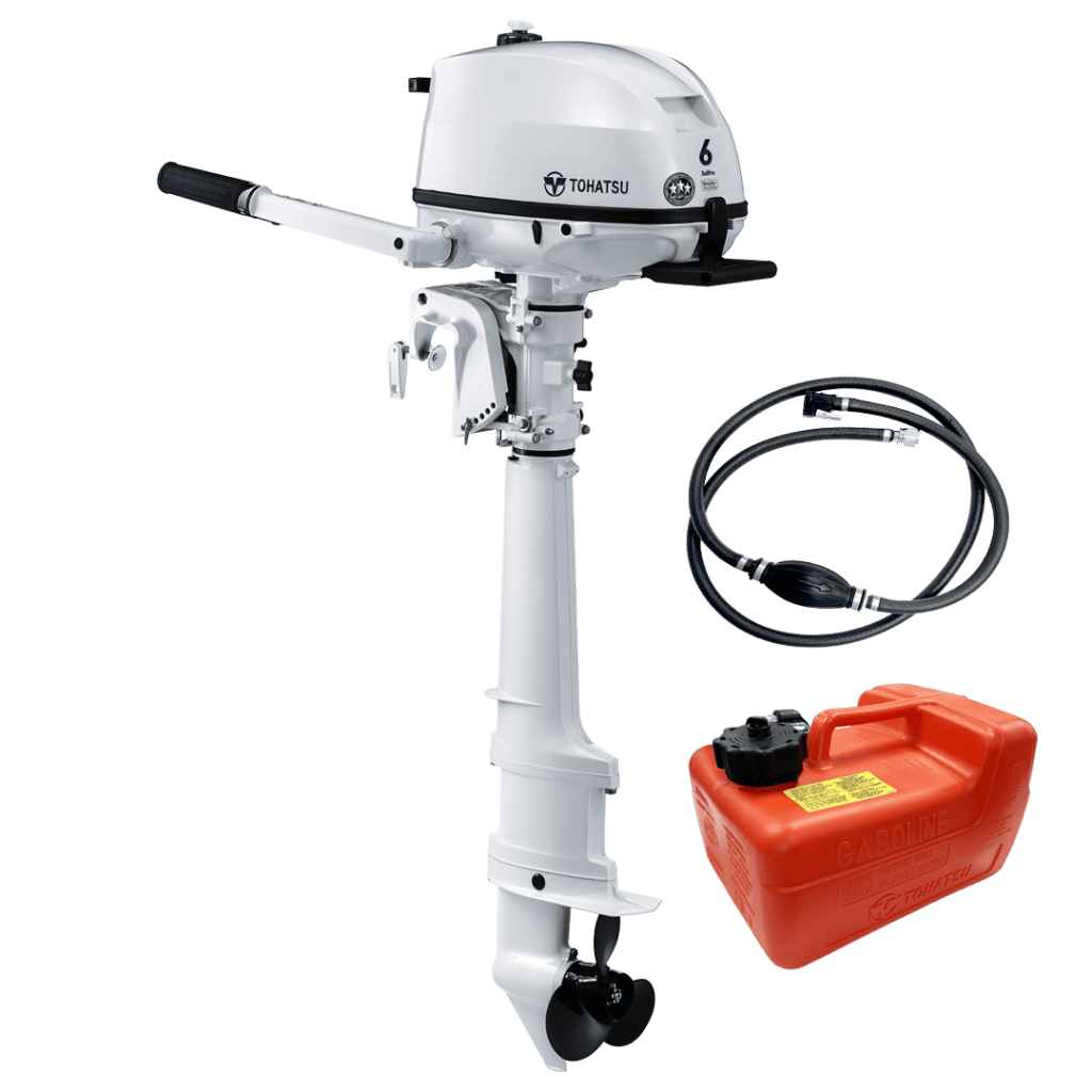 Outboard motor for boats with 6 HP power and fuel tank included.