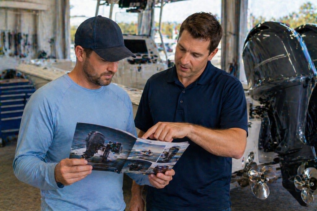 Two men discussing boat outboard motors inside a marine showroom.