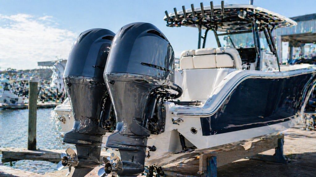 Outboard motors on a boat at the marina, ready for boating adventures.