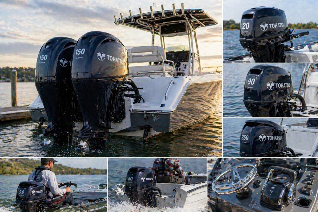 Outboard motors for boats, featuring Tohatsu engines for optimal performance and reliability.
