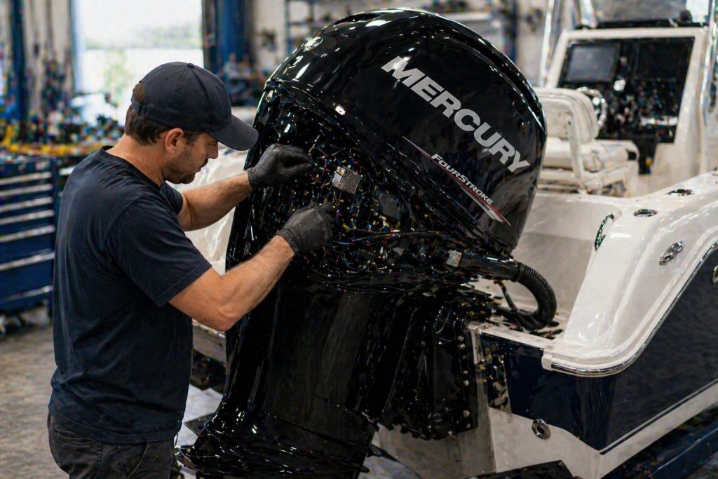Technician installing Mercury outboard motor on boat in workshop.