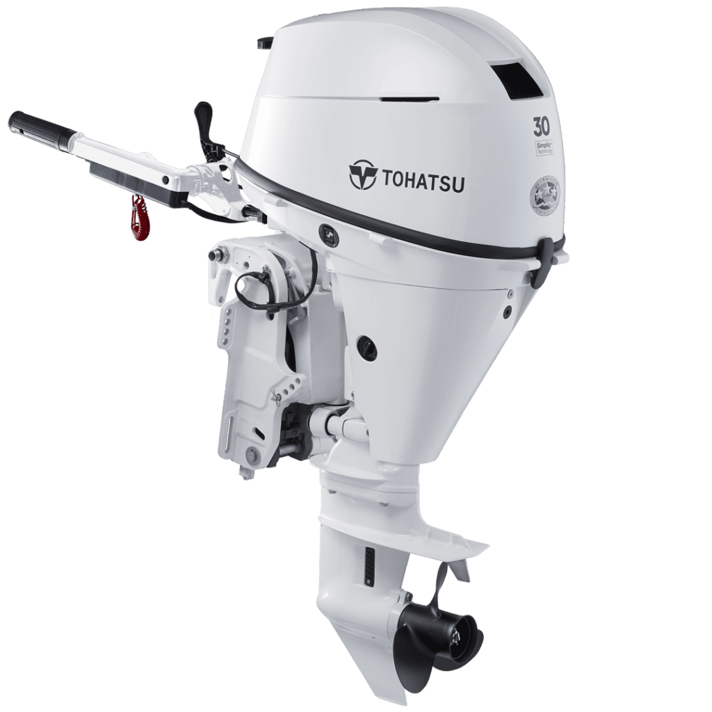 Tohatsu 30 HP outboard motor for boats, compact and powerful marine engine.