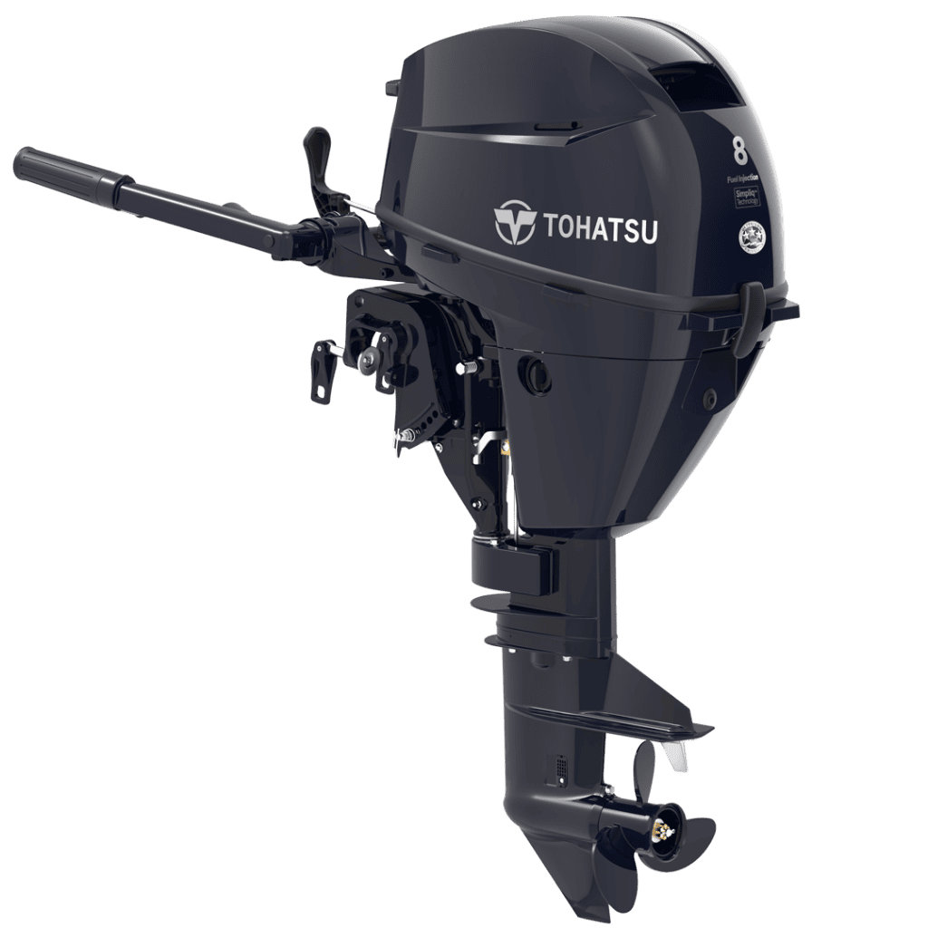 Tohatsu 8 HP MFS8CS outboard motor for boats, compact and powerful engine.
